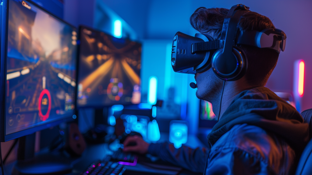 Homme jouant équipé de matériel VR